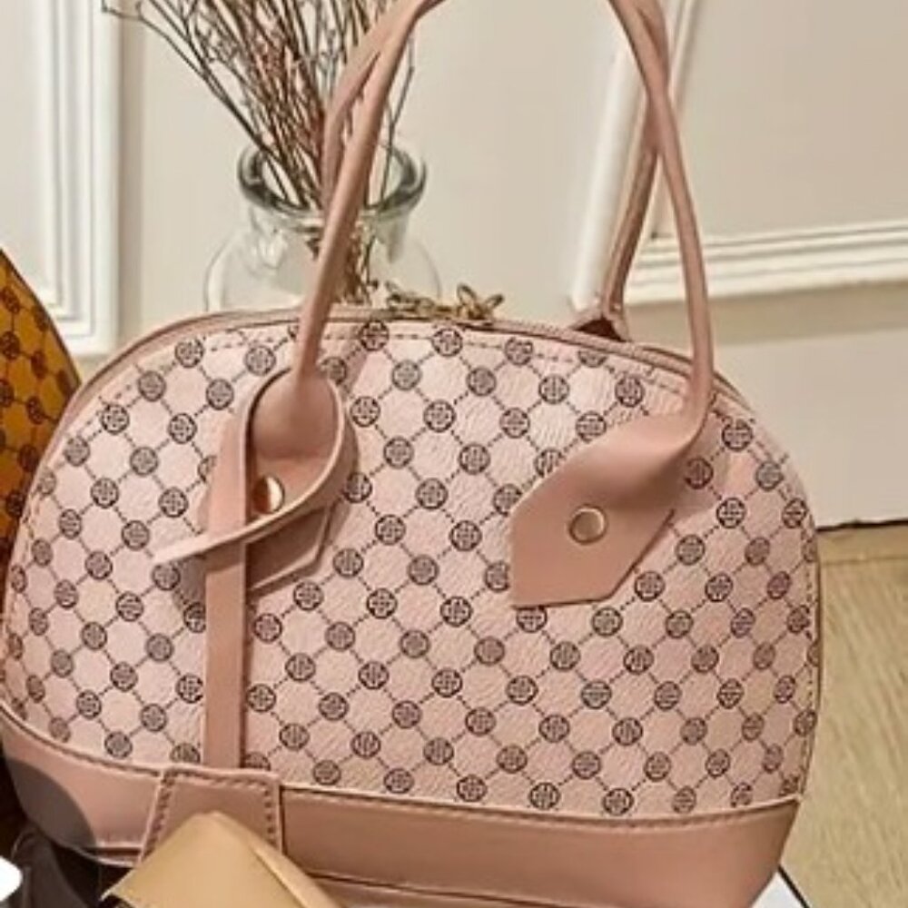 Small Dome Satchel Soft Patterned Bag w/trim & Gold Crossbody Chain Strap - Picture 3 of 4